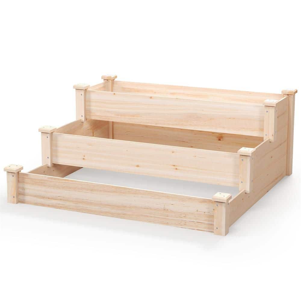 HONEY JOY Natural Fir Wood Rectangular Outdoor 3-tier Raised