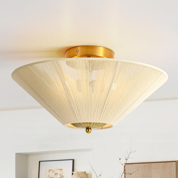 Brody 15 in. 2-Light Modern Farmhouse Brushed Brass Cone Semi-Flush Mount Light with Hand-Woven Rope Shade