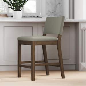 Linus Modern Upholstered Counter Height Bar Stool with Back and Solid Rubberwood Legs in a Wire-Brushed Brown Finish