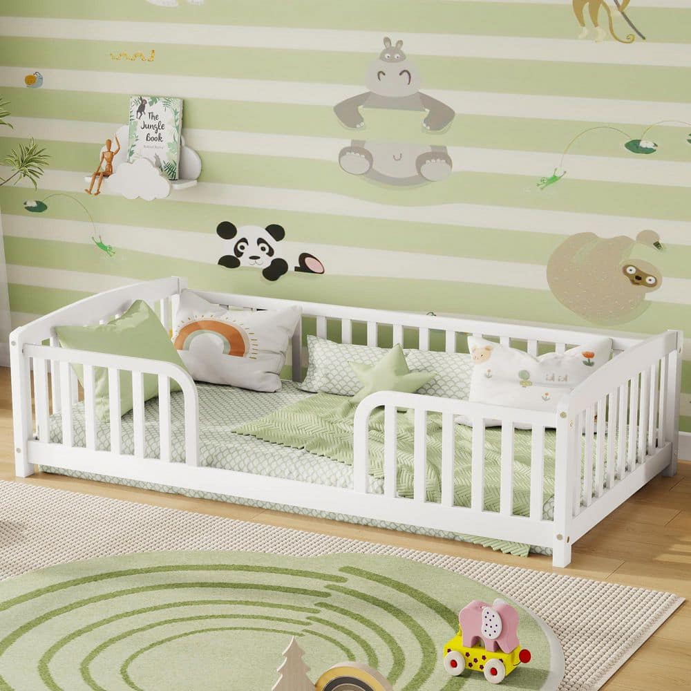 White Wood Frame Twin Size Platform Bed with Central Entrance