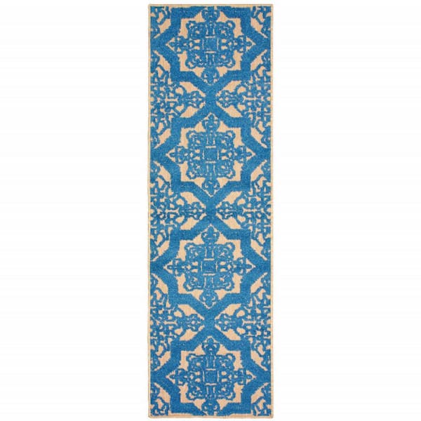 Blue, Beige 2 ft. x 8 ft. Loomed Oriental Polypropylene Rectangle Indoor/Outdoor Area Rug