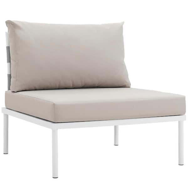 MODWAY Harmony Armless Aluminum Outdoor Patio Lounge Chair in White with Beige Cushions