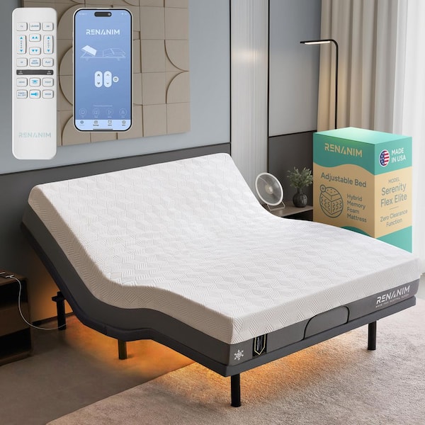 Gray SFE King Adjustable Bed Frame + Medium-Firm Hybrid Memory Foam Mattress-USB, Under Bed Light, Wireless Remote