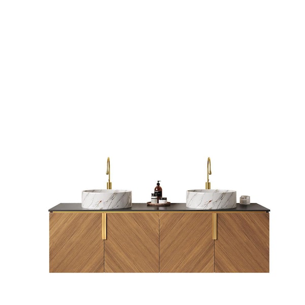 Boosicavelly 60 in. W x 19 in. D x 16 in. H Single Sink Wall-Mounted Bath Vanity in Oak with Black Sintered Stone Top