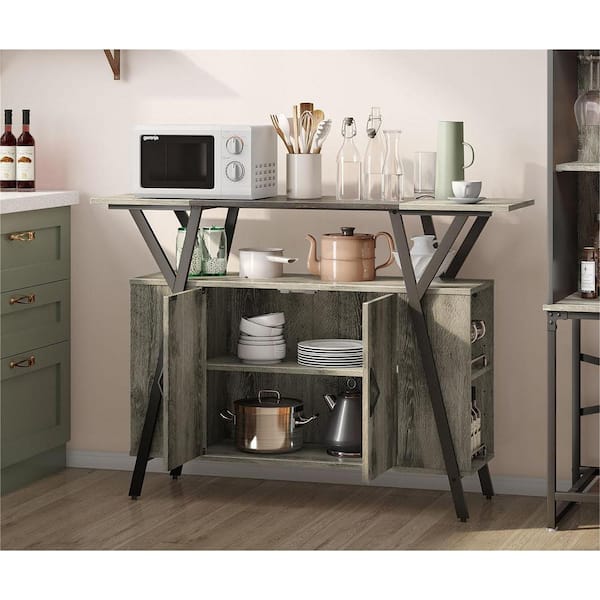 Bestier 47.24 in. Retro Grey Oak Dark Bar Cabinet Sideboard with Geometric Frame, Double-Door design and Adjustable Shelves