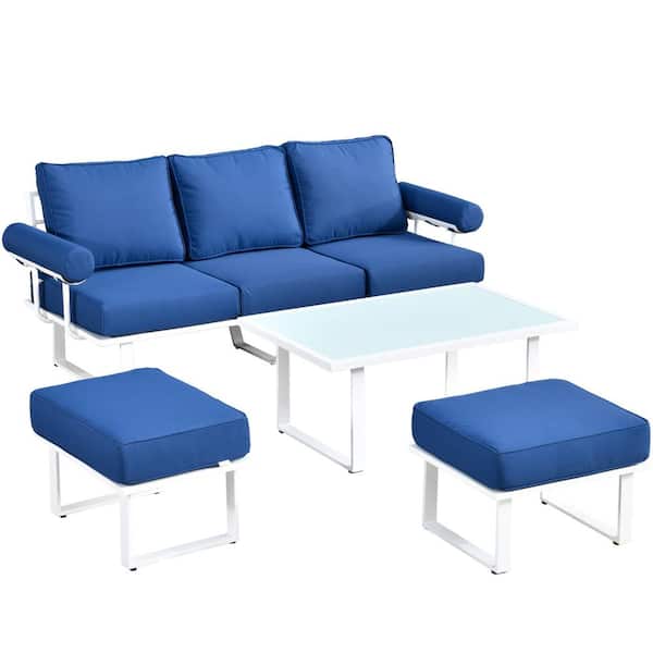 HOOOWOOO Teton Grand White 4-Piece Aluminum Outdoor Patio Conversation Sofa Set with Navy Blue Cushions