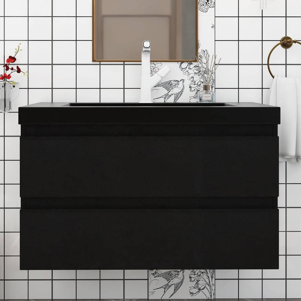 36 in. W x 20 in. D x 21 in. H Single Sink Wall-Mounted Bath Vanity in Blac