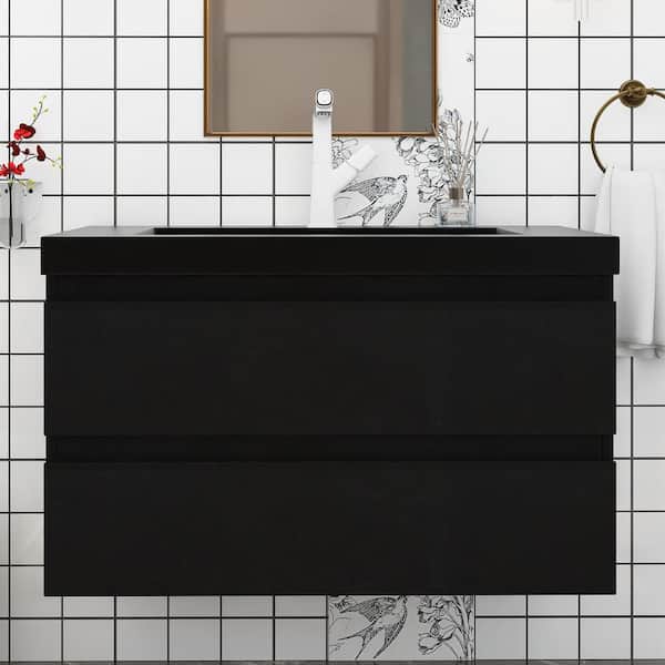 Unbranded 36 in. W x 20 in. D x 21 in. H Single Sink Wall-Mounted Bath Vanity in Black with Black Cultured Marble Top