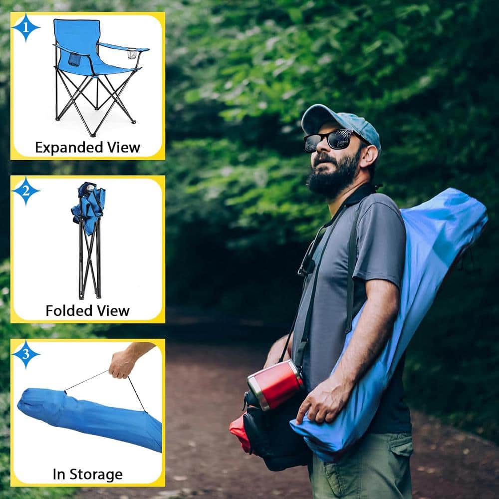Blue Steel Frame Folding Camping Chair with Cup Holder and Storage Bag