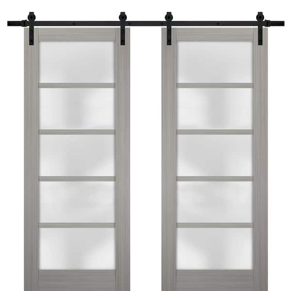 Sartodoors 28 in. x 80 in. 2 Panel Frosted Glass Gray Ash Solid MDF Sliding Barn Door with Hardware Kit
