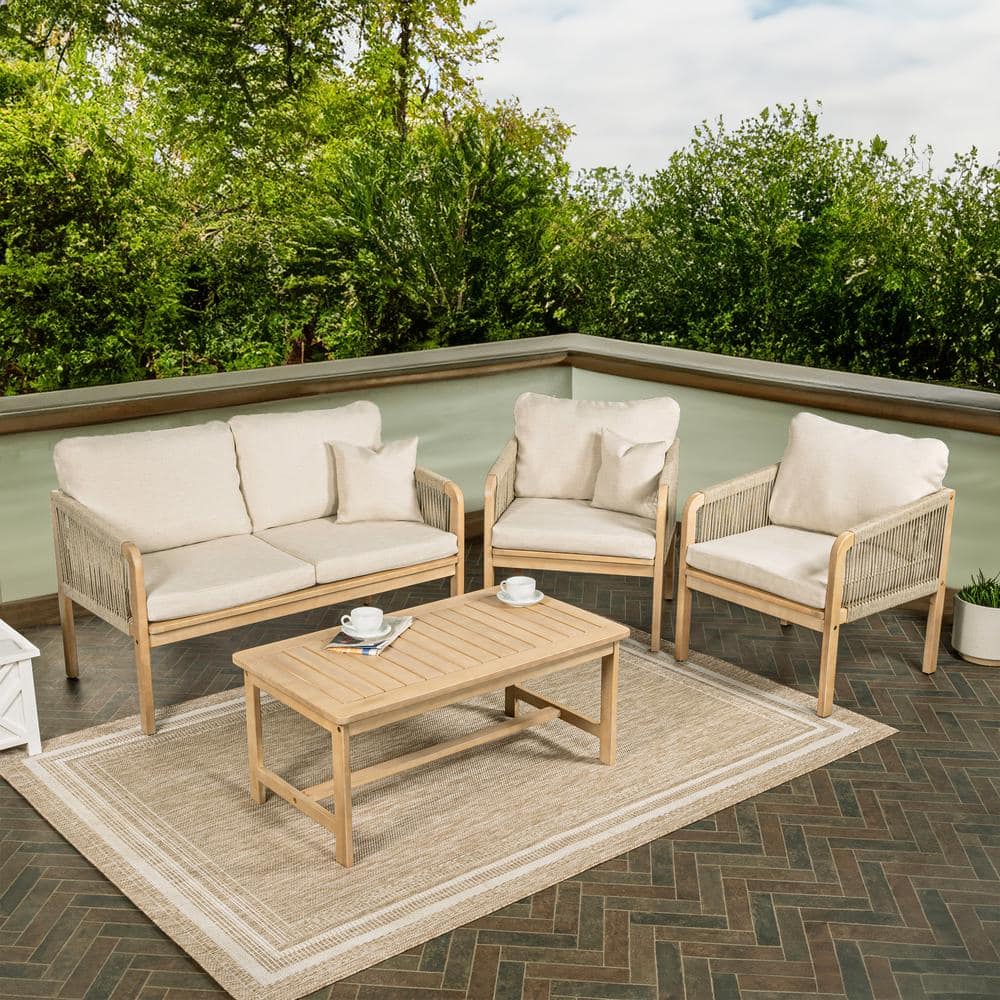 Tavira 4-Piece Light Teak Acacia Wood Patio Set with Beige Cushions