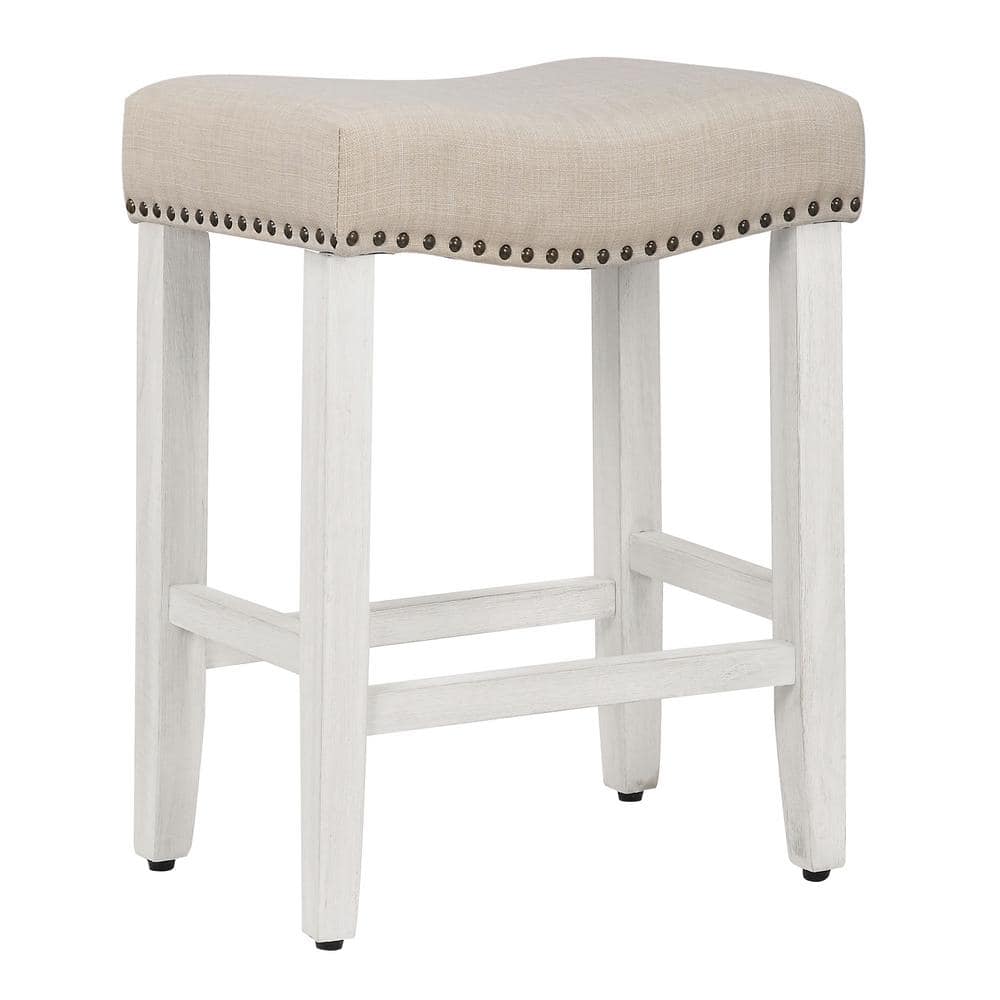 Antique White-Beige Upholstered Saddle Seat 24" Bar Stool Set