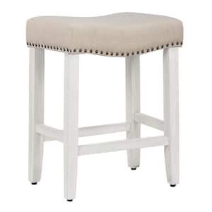 Jameson 24 in Counter Height Antique White Wood Backless Nailhead Trim Barstool, Upholstered Beige Linen Saddle Seat