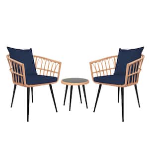 3 Piece Yellow Wood Patio Outdoor Bistro Conversation Set with Dark Blue Cushions and 1 Side Table