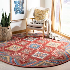 Aspen Red/Blue 3 ft. x 3 ft. Round Border Floral Diamond Area Rug