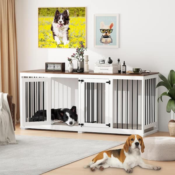 FUFU&GAGA Large Dog House Crate Furniture, 71 in. Wooden Large Dog Kennel with Removable Divider for Large Medium Dogs, White