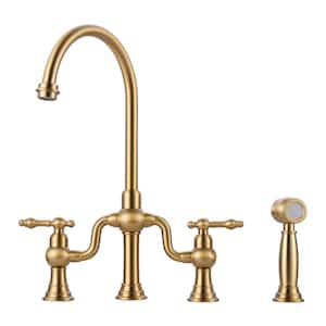 Brass Double Handle Deck Mounted Bridge Kitchen Faucet with Side Sprayer in Brushed Gold