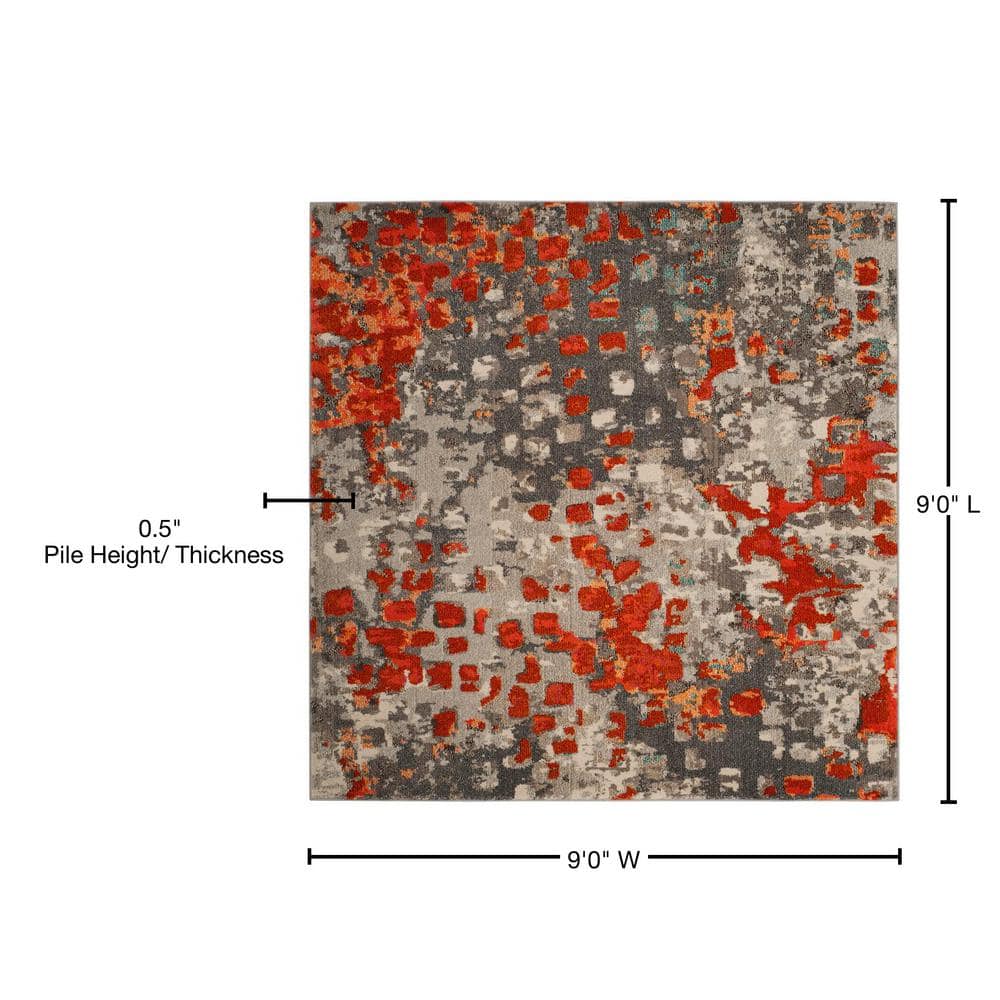 Monaco Abstract Geometric 9' Square Area Rug in Grey & Orange