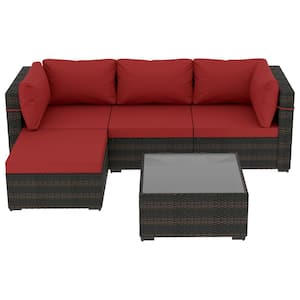 5-Pieces Patio Furniture Set, Outdoor Wicker Conversation Set with Coffee Table and Ottoman for Backyard, Garden, Red