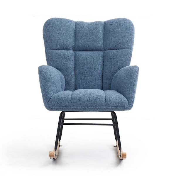 Unbranded Metal Outdoor Rocking Chair Teddy Upholstered Glider Rocker Rocking Accent Chair with Blue Cushion