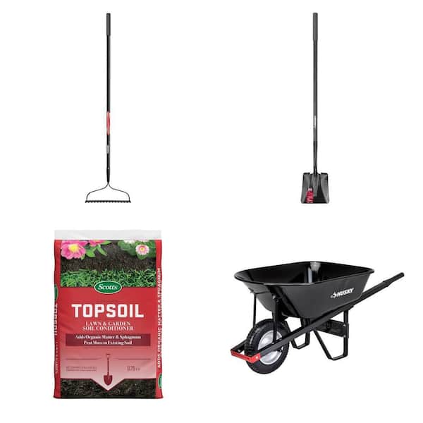 57 in. Bow Rake, 47 in. Transfer Shovel, 0.75 cu. ft. Topsoil, and 6 cu. ft. Wheelbarrow Combo