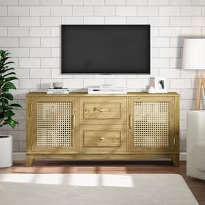 60 in. Golden Oak Wood TV Stand for TVs up to 65 in. with 2 drawers