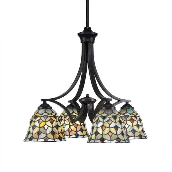 Unbranded Clevelend 4-Light Matte Black Chandelier, Round Chandelier with 7 in. Crescent Art Glass Glass Shades, No bulbs included