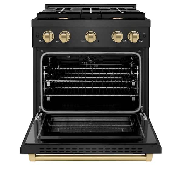 Autograph 30 in. 4.2 cu. ft. Paramount Dual Fuel Range with 4 Burner Gas Cooktop in Black Satin with Champagne Accents