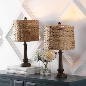 Leona 21.25 in. Brown Wood Finish Rustic Handwoven LED Table Lamp Set with Rattan Shade and Resin Base (Set of 2)