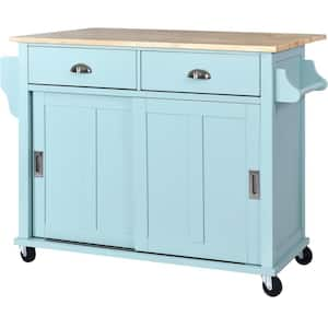 Mint Green Wood 52.2 in. Kitchen Island with 4 Wheels, Storage Cabinet, Drop-Leaf, Concealed Sliding Barn Door