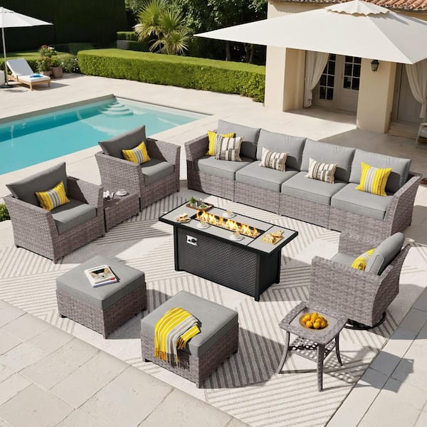 XIZZI Jasmine 12-Piece Wicker Patio Rectangular Fire Pit Set with Dark Gray Cushions and Swivel Rocking Chairs