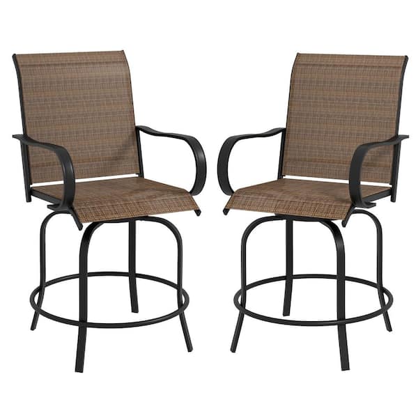 Unbranded Tan Steel Metal Outdoor Bar Stool with Armrests, Swivel Bar Height Chairs with High-Density Mesh Fabric, Set of 2