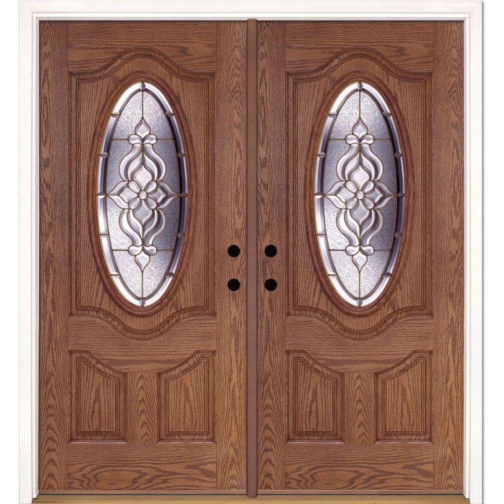 74 in. x 81.625 in. Lakewood Brass 3/4 Oval Lite Stained Medium Oak Left-Ha