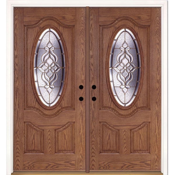 Feather River Doors 74 in. x 81.625 in. Lakewood Brass 3/4 Oval Lite Stained Medium Oak Left-Hand Fiberglass Double Prehung Front Door