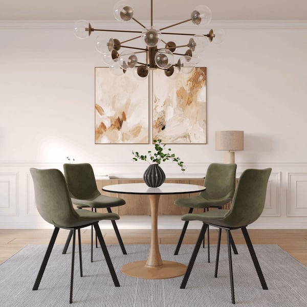 Bristol 24 in. Round Dining Table with MDF Top and Natural Wood Steel Pedestal Base in Marbled White