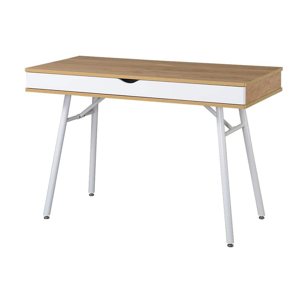 Pine and White Mid-Century Modern Desk with Multi-Storage