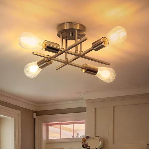16 in. 4-Light Modern Sputnik Linear Nickel Metal Industrial Farmhouse Semi- Flush Mount Ceiling Lights Chandelier Light