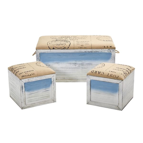 Nearly Natural Ocean Breeze Wood Storage Boxes with Bench and Seating (Set of 3)