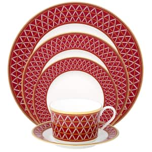 Crochet White and Deep Red, Bone China 5-Piece Place Setting (Service for 1)