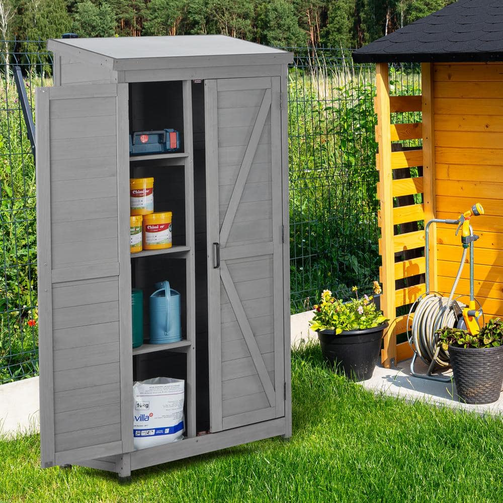 Gray Wood Outdoor Storage Cabinet with Metal Top, 68.5"