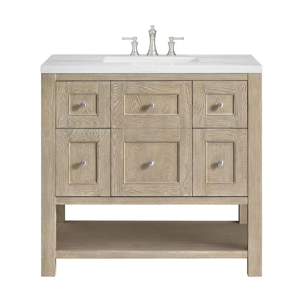 James Martin Vanities Breckenridge 36 in. W x 23.5 in. D x 34.18 in. H Single Bathroom Vanity Whitewashed Oak & Arctic Fall Solid Surface Top