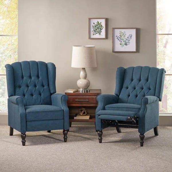Walter Brown, Navy Blue and Dark Brown Wingback Tufted Recliner (Set of 2)
