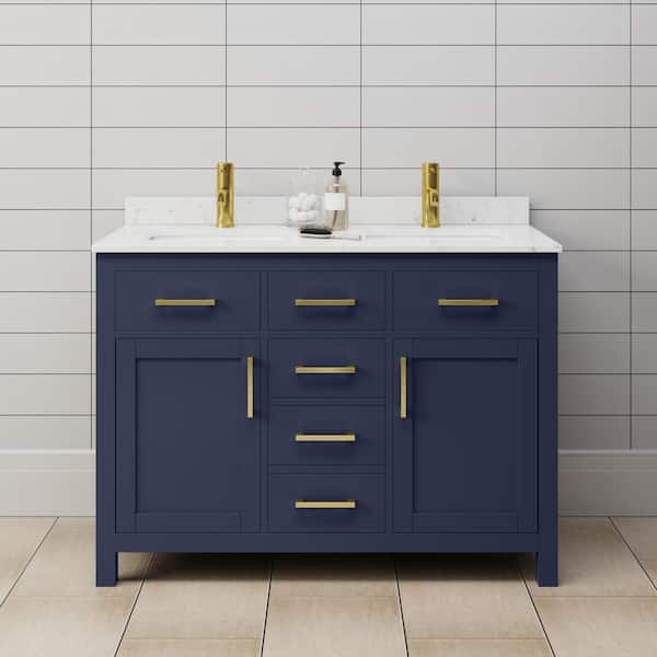 Wyndham Collection Beckett 48 in. W x 22 in. D x 35 in. H Double Sink Bathroom Vanity in Dark Blue with Carrara Cultured Marble Top