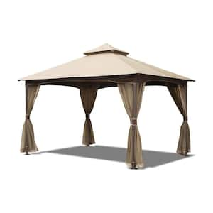 Jager 13 ft. x 10 ft. Steel Frame Gazebo in Khaki with Double Soft Polyester Fabric Roofs and Mosquito Net