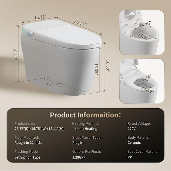 Elongated Smart Bidet Toilet 1.28 GPF in Black with Heated Seat, Adjustable Temp, Warm Water Wash, and Dryer