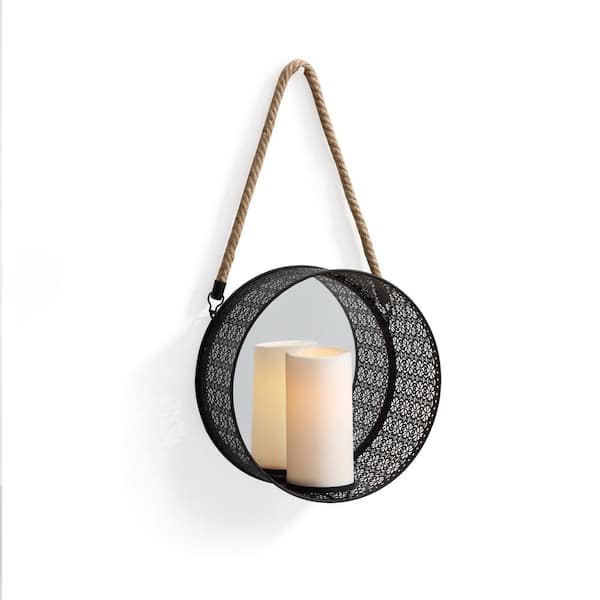 Danya B Round Filigree Black Metal Wall Candle Sconce With Mirror Se1908 The Home Depot - Candle Holder Wall Sconce Black