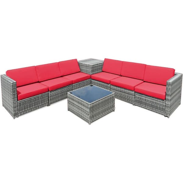 Kadehome 8-Piece Wicker Rattan Patio Conversation Set with Storage Table and Cushion in Red