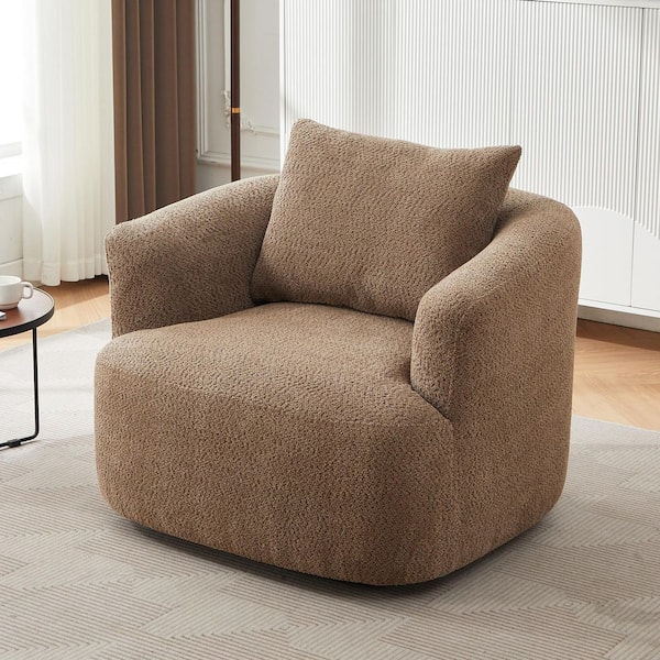 Dark Brown 360° Swivel Arm Chair Boucle Fabric Upholstered Sofa Chair with a Throw Pillow