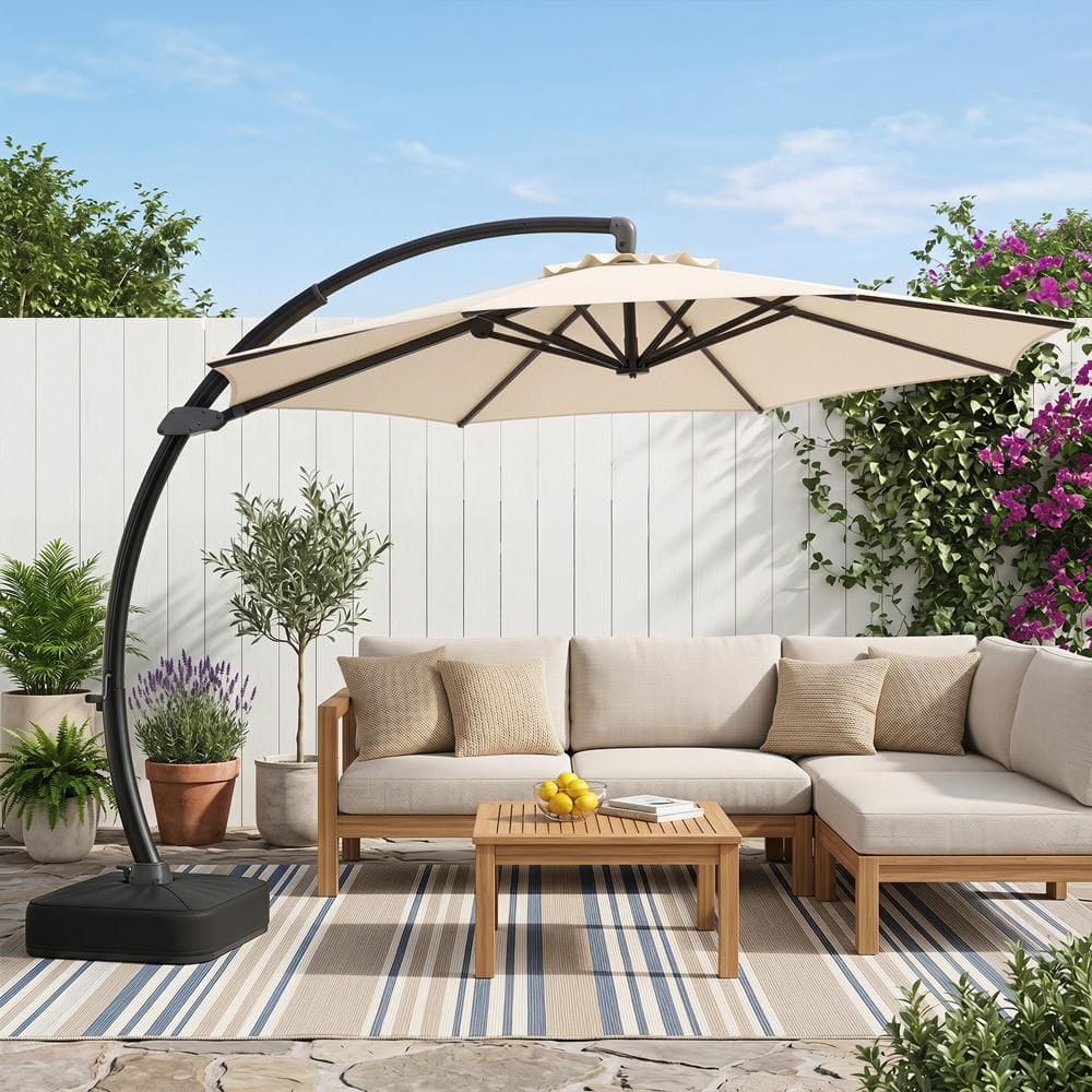 11 FT Cantilever Patio Umbrella with Base in Beige, 360° Rotation & Tilt Adjustment for Yard price history on PriceWatchPro