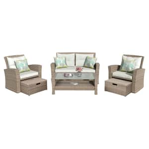 Patio Sofa Set 4 Piece Wicker Patio Conversation Set All Weather Sectional Sofa with Ottoman and Beige Cushions